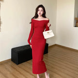 Gorunrun-hirigin Elegant Women Fall Casual Off Shoulder Bodycon Sweater Dress Long Sleeve Slim Fit Knitted Long Pullover Pencil Dress