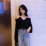 GORUNRUN-Streetwear Slash Neck Shirts Women Korean Elegant Chain Black Long Sleeve Blouses Office Lady Fashion Sexy Off Shoulder Tops New