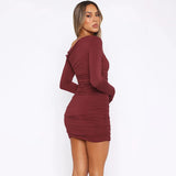 Gorunrun-2024 new fall fashion women sexy asymmetrical off shoulder bodycon long sleeve burgundy ruched casual dresses for women