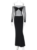 GORUNRUN Mesh See-Through Slim Maxi Dress For Women Patchwork Pleated Sexy Off-Shoulder Summer Dress Long Sleeve Elegant Dress 2024