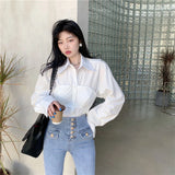 GORUNRUN-Elegant Patchwork Shirts Women Korean Fake Two Pieces White Blouses Streetwear Office Outfits Fashion Long Sleeve Chic Tops New