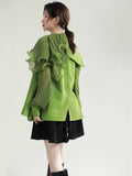 Gorunrun- Women Green Pleated Belted Big Size Blouse New Lapel Long Sleeve Loose Fit Shirt Fashion Tide Spring Autumn