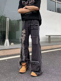 Gorunrun-Streetwear y2k 90s Fashion Hip Pop Style 2000s 2024 Ropa Grunge Y2K Streetwear Washed Black Ripped Baggy Flare Jeans Pants Men Clothes Multi Pockets Harajuku Cotton Trousers