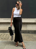 GORUNRUN Black Satin Ruffled Maxi Skirt For Women High Waist Slim Fashion Solid Elegant Long Skirt Cute Summer Ladies Maxi Skirt