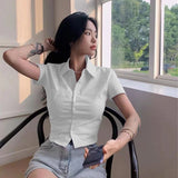 GORUNRUN-White Basic Shirts Women Preppy Short Sleeve Slim Blouses Student Streetwear Korean Sexy Crop Tops Office Lady Casual Work Wear