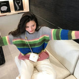 GORUNRUN-Y2K Striped Sweater Women Rainbow Patchwork Knitted Jumper Streetwear Harajuku Oversized Casual Knitwear Korean Pullovers Tops