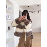 GORUNRUN-Elegant Cropped Fur Coat Women Black White Patchwork Fluffy Jacket Korean Party Furry Short Outwear Winter Warm Plush Overcoat