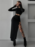 GORUNRUN Fashion Bandage Hollow Out 2 Piece-Set Women Sexy Crop top And Long Skirt Sets High Split Black Patchwork Female Outfits