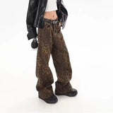 GORUNRUN-Women's Brown Jeans Leopard Print Retro Straight Tube Baggy Pants Fashion Street Fashion Y2K Jeans New Winter Leggings