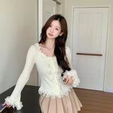 GORUNRUN-Elegant Cropped Knitted Cardigan Women Lace Patchwork Sweater Coat Y2K Korean Slim Knitwear Sweet Fashion Tunic Jumpers Tops New