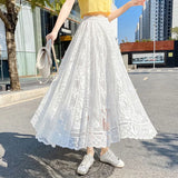 GORUNRUN-Elegant Lace Mesh Midi Skirt Women Fashion White Tulle Pleated Skirts Summer Streetwear Korean High Waist Black A Line Skirt New