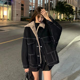 GORUNRUN-Streetwear Velvet Denim Jacket Women Oversized Lamb Wool Jeans Coat Bf Winter Korean Furry Thick Cotton Padded Casual Outwear