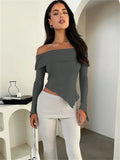 GORUNRUN Off-Shoulder Ribbed Slim Crop top Tee For Women Long Sleeve Patchwork Elegant High Street Y2k Top Female T-shirt Solid Top