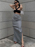 GORUNRUN High Waist Slim Pleated Long Skirt Elegant Women Side Split High Street Ladies Maxi Skirt Slim Summer Female Long Skirt