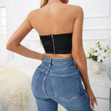 GORUNRUN-Black Corset Crop Tops Summer Sexy Sheer Tank Top Slim Sleeveless Off Shoulde Bustier Camis Back Zipper Women Clothes Streetwear