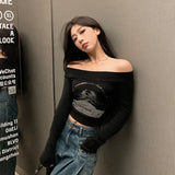 GORUNRUN-Black Slash Neck Tops High Waist Letter Print Tshirts Skinny Crop Top Women Off Shoulder Sexy Long Sleeve Camisetas Y2k Tees