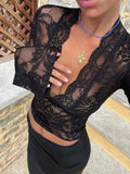 GORUNRUN Lace Deep V See-through T-shirt Top Women's Slim Long Sleeve Solid Color Sexy Printed Hollow Women's Short Top Pullover