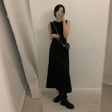 GORUNRUN-Hollow Out Midi Dress Women Elegant Black Sleeveless A Line Dresses Summer Korean Party Drawstring Backless Sundress Vestidos