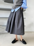 Gorunrun- High Elastic Waist Gray Brown Casual A-LINE Midi Half-body Skirt Women Fashion Tide New Spring Autumn