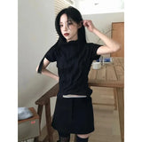 GORUNRUN-Y2K Folds T-Shirts Women Streetwear Pleated Crop Tops Korean Harajuku Summer Turtleneck White Black Slim Casual Chic Tees New