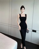 Gorunrun-Sexy Hollow Out Elegant Party Black Midi Dresses for Women 2024 Summer New Korean Square Collar Sleeveless Female Clothing Robe