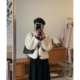 GORUNRUN-Elegant Lamb Wool Coat Women Korean Cropped Fluffy Jacket Office Lady Sweet Single Breasted Furry Short Outwear Autumn Winter