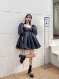 GORUNRUN-French court style super fairy rainbow color sweet square neck puff sleeve fluffy dress organza mini princess dress