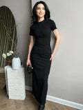 GORUNRUN Ribbed Knit Long Dress For Women Slim Short Sleeve Ruffled High Waist Patchwork Elegant Fashion Gown Knitwear Maxi Dress