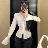 GORUNRUN-Y2K White Shirts Women Streetwear Bandage Crop Tops Korean Fashion Black Flare Long Sleeve Slim All Match Chic Blouses Spring