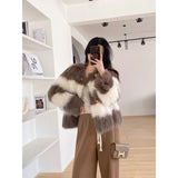 GORUNRUN-Elegant Cropped Fur Coat Women Black White Patchwork Fluffy Jacket Korean Party Furry Short Outwear Winter Warm Plush Overcoat