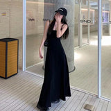 GORUNRUN-Black Sleeveless Long Dress Women Streetwear Spaghetti Stap A Line Dresses Y2K Korean Slim Sundress Summer Elegant Vestidos New