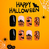 Gorunrun-Halloween Nails 24Pcs Short Shiny Square Press on nails Halloween Devil Pumpkin Fake Nail Bat Spider Web Black False Nail for Women&Girl Wear