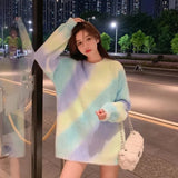 GORUNRUN-Sweet Tie Dye Rainbow Sweater Women Faux Mink Cashmere Knitted Pullovers Streetwear Oversized Knitwear Korean Casual Jumper Tops