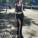 GORUNRUN-2024 spring summer new women's fashionable and sexy temperament street shooting U-neck suspender top slit half-length skirt suit