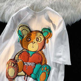 GORUNRUN Pure Cotton Retro Graffiti Teddy Bear Printed Short Sleeved T-shirt for Male and Female Summer Trendy Couple Loose Casual Top