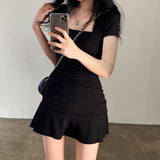 Gorunrun-hoco dresses -hoco dresses -Ruched Black Dress Women Summer Short Sleeve Square Collar Slim Mini Dress Korean Fashion Folds Ruffles Bodycon Casual Sundress