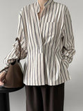 Gorunrun- Women Striped Pocket Irregular Elegant Blouse New V-neck Long Sleeve Loose Fit Shirt Fashion Spring Autumn