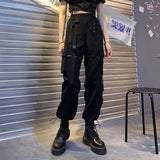 GORUNRUN Streetwear Women Drawstring Cargo Pants High Waist Spliced Hollow Out Wide Leg Trousers Harajuku Casual Removable Techwear