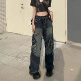 GORUNRUN-Y2K Style Vintage High Street Hip Hop Rough-edged Wide-leg Jeans Distressed Trousers Multi-pocket Baggy Jeans Women Y2k Streetwear