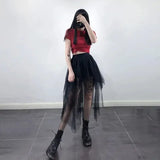 GORUNRUN Gothic Black Tulle Skirt Women Summer Fashion High Waist Streetwear Irregular Midi Skirts Chic Dark Series Punk Stitching Skirts