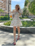 GORUNRUN  Floral Dress Women Lantern Long Sleeve Ruched Print A Line Square Neck Tie Up Mini Vestidos Sexy Chic Summer Beach Dress