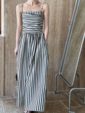 Gorunrun- Women Black Striped Elastic Pleated Elegant Long Strap Dress New Sleeveless Fashion Tide Spring Summer