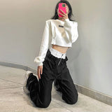 GORUNRUN Streetwear Patchwork Wide Leg Pants Women High Waist Straight Trousers Hip Hop Casual Drawstring Cargo Pants Sweatpants