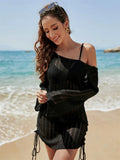 Gorunrun-hoco dresses -hoco dresses  Knit Backless Mini Dress Cover up For Women Beach Holiday Loose Hollow Out Fashion Black Lace-Up Dress Female Cover up New