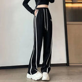 GORUNRUN Black Sweatpants Women Oversize Loose Heart Striped Wide Leg Pants Korean Preppy Style Student Trousers Chic Pockets Pants