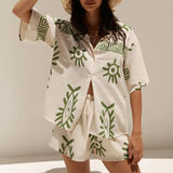 GORUNRUN Women’s Summer Casual Loose 2Pcs Outfits Printed Short Sleeve Lapel Collar Button Up Shirt Tops+ Shorts Set Beachwear