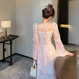 Gorunrun-Elegant Flare Sleeve Mermaid Long Dress Spring Summer Slim Wedding Runway Party Women Vintage Elegant Clothing