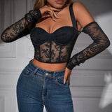 GORUNRUN-Women Off-the-shoulder Black Lace Corset Cropped Tops Long Sleeves Bustier Streetwear Tank Top Sexy Slim Vest Lingerie Camisole