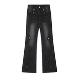 GORUNRUN-Y2K Style Black American Retro Micro Flared Holes Jeans for Women Spring and Summer High Street Slimming Low Waist Wide Leg Mop Pants