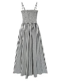 Gorunrun- Women Black Striped Elastic Pleated Elegant Long Strap Dress New Sleeveless Fashion Tide Spring Summer